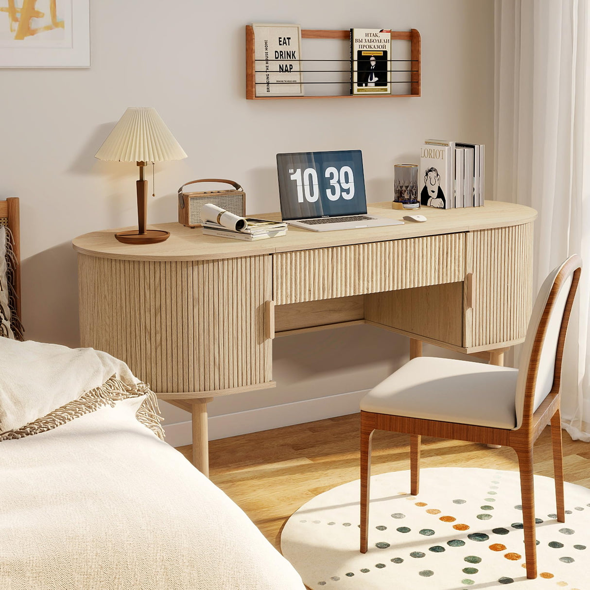 Home Office Oval Desk with Sliding Tambour Door and Drawer, Modern Fluted Wood Executive Computer Storage Desk for Study, Living Room, Bedroom, Office - Natural ORRD