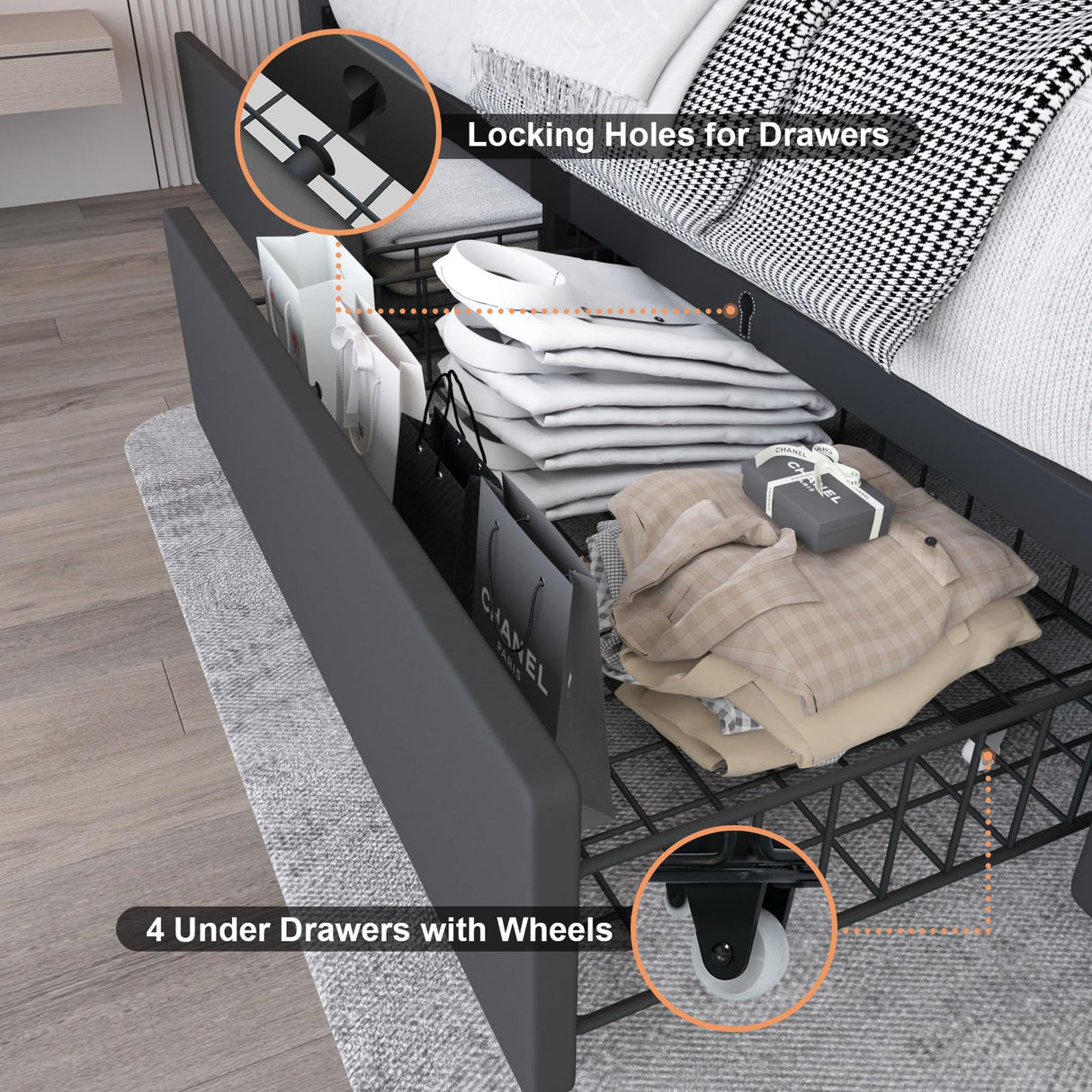 Benevika Queen Size Bed Frame with 4 Storage Drawers, Adjustable LED Headboard and USB Charging Station in Black PU Leather Benevika