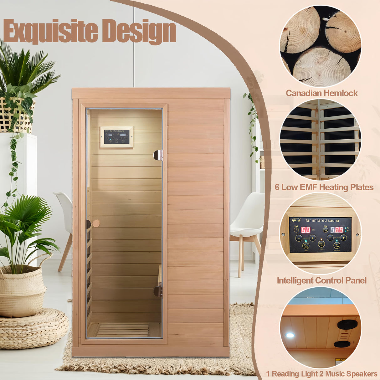Infrared Sauna, Home Sauna 1 Person, Low EMF Sauna Wood Indoor, Far Infrared Sauna, Canadian Hemlock, 10 Min Warm-up, Left Side, 1050W SALUSHEAT