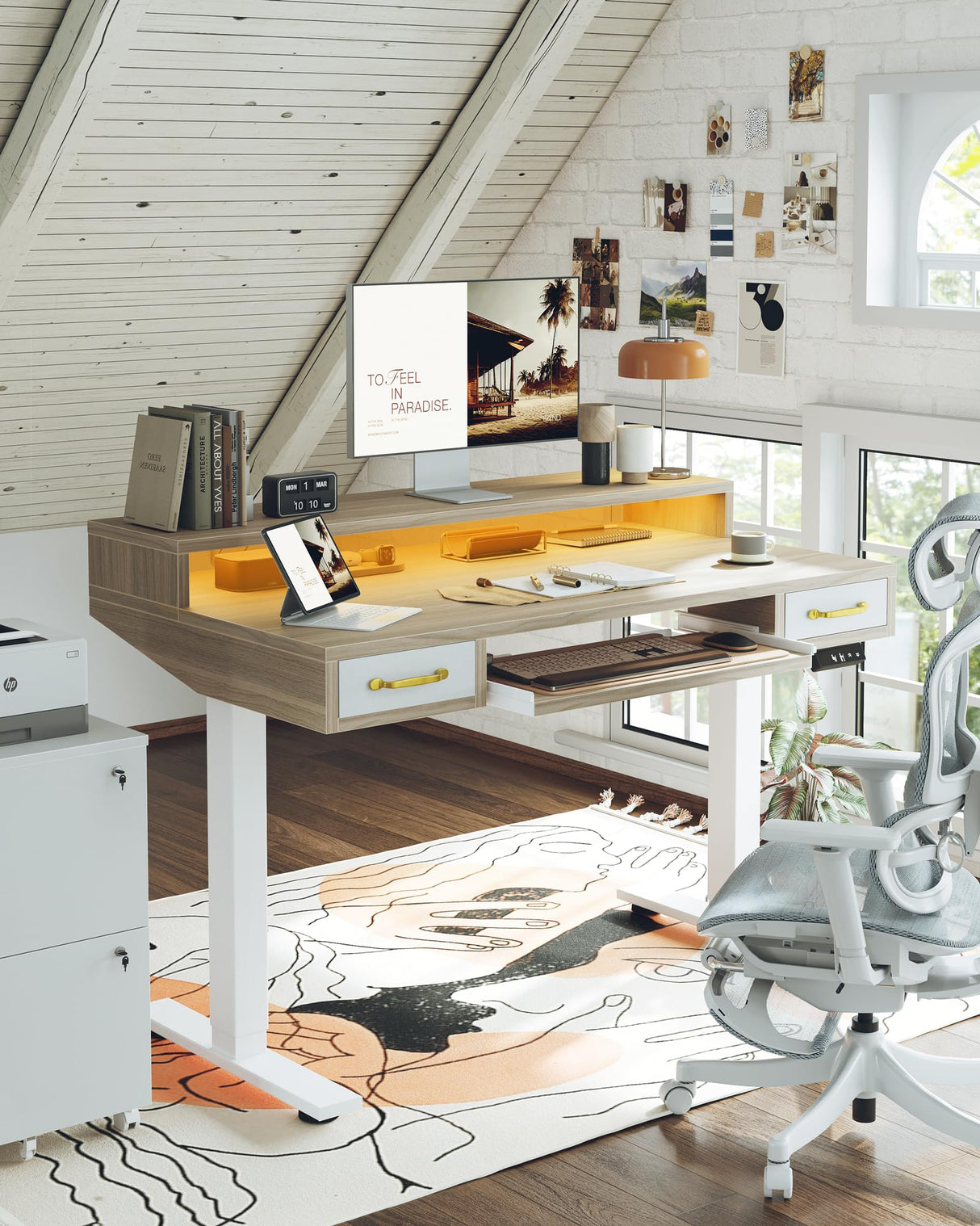 TIQLAB 55 x 28 Inch Height Adjustable Electric Standing Desk with Double Drawers&Keyboard Tray, Stand Up Desk with LED Strips&Monitor Stand, Light Walnut TIQLAB