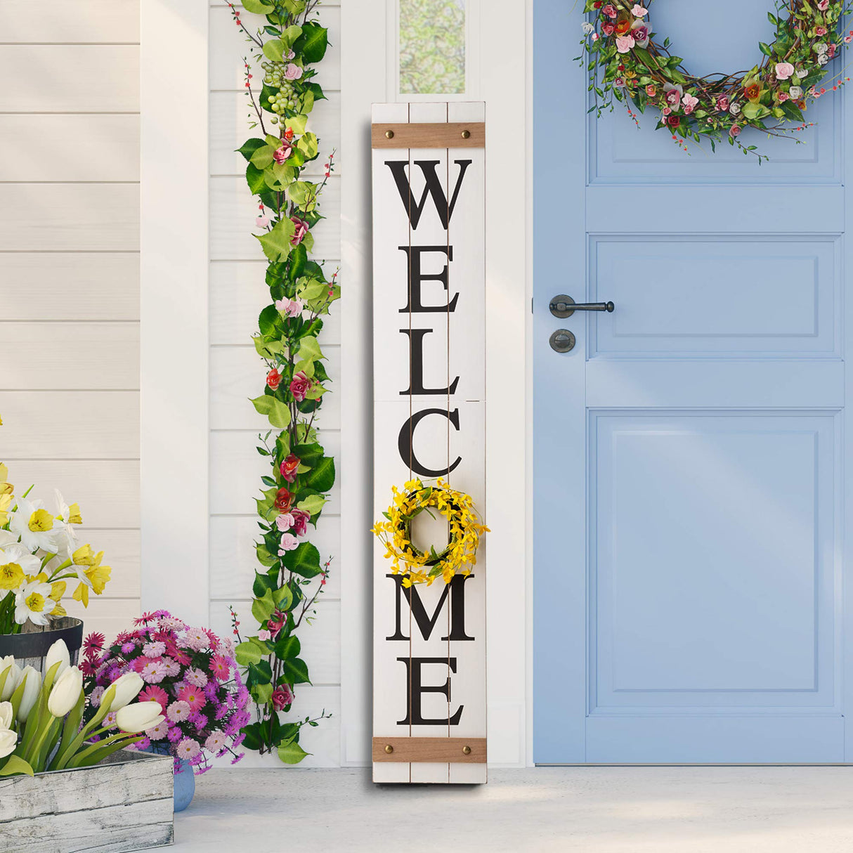 glitzhome Welcome Sign for Front Door Porch Rustic Farmhouse Wooden Hanging Wall Decor with Interchangeable Floral Wreath, 60" H, White glitzhome