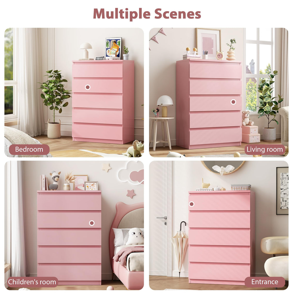 Jocoevol Pink 5 Drawer Dresser for Bedroom, 15" D x 23.7" W x 40.4" H in Simply Chest of Drawers, Wood Storage Dresser with Drawers for Living Room Hallway Entryway, Pink Jocoevol