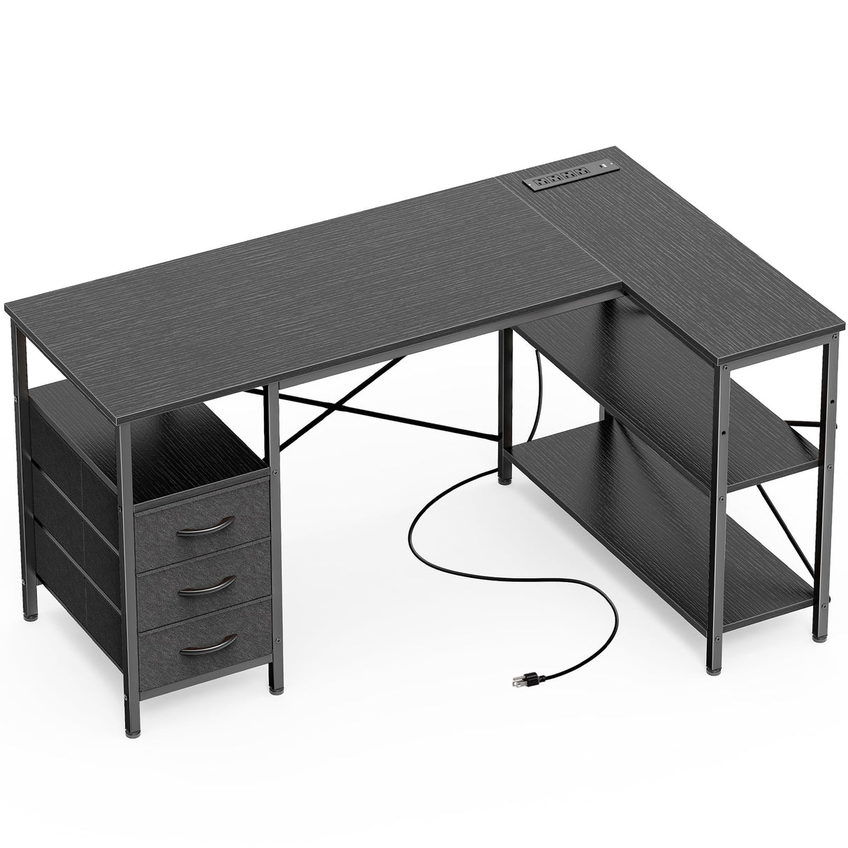 Huuger L Shaped Desk with Power Outlets, Computer Desk with 3 Drawers, 47 Inch Office Desk with Shelves, Gaming Desk, Corner Desk Work Desk for Home Office, Study, Black Huuger