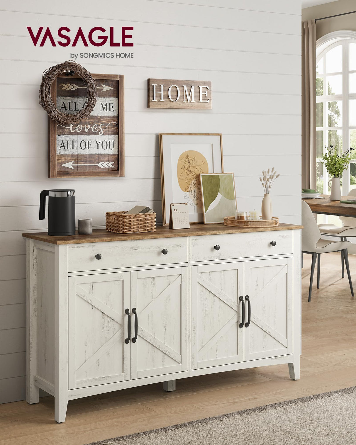 VASAGLE Coffee Bar Cabinet, Kitchen Storage Cabinet with 2 Drawers, Farmhouse Cabinet Sideboard with Adjustable Shelves for Kitchen, Rustic White and Honey Brown UBBK381W01 VASAGLE
