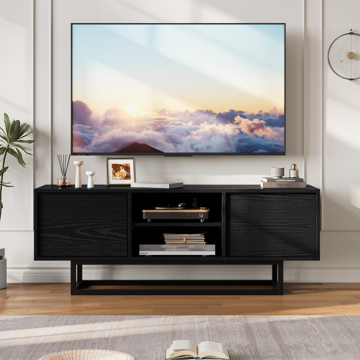 HAIOOU TV Stand for 50 55 Inch TV, Modern TV Console Small Entertainment Center with Sturdy Metal Base, Push-to-Open Doors and Soft-Close Hinges for Living Room, Bedroom - Wood Grain Black HAIOOU