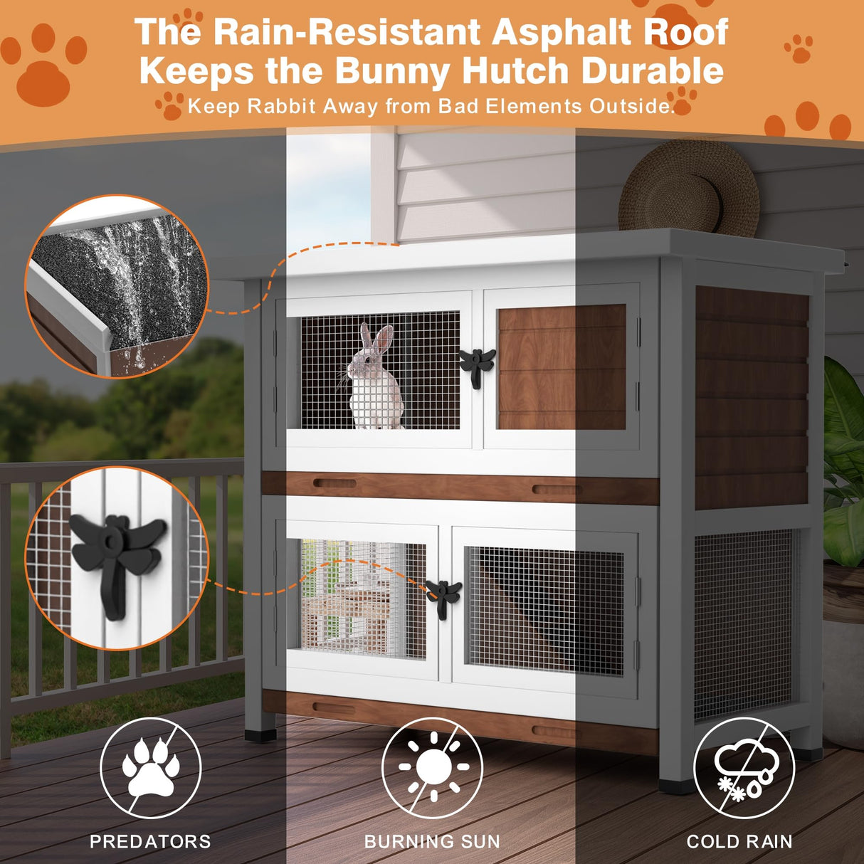 2 Story Rabbit Hutch, Indoor Outdoor Bunny Hutch Solid Wood Rabbit Cage with Removable Trays, Waterproof Asphalt Roofs and Ventilation Door, Small Animal House for Rabbit Guinea Pig Ferret, Walnut AMZOSS