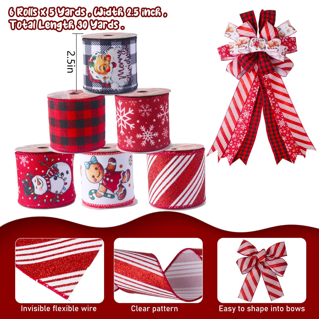 Rinoly Christmas Ribbon Wired 2.5 Inch, 6 Roll 30 Yards - Snowflake/Santa/Glitter Stripe/Buffalo Plaid Christmas Ribbon for Wreaths, Bows, Tree, DIY Crafts RINOLY