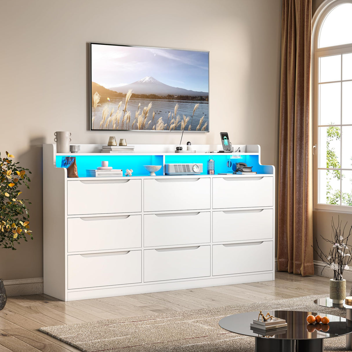 DurayLoly Modern Dresser for Bedroom with LED Light, 9 Drawer White Dresser with Charging, Wooden Chest of Drawers, Large TV Stand for Bedroom DurayLoly