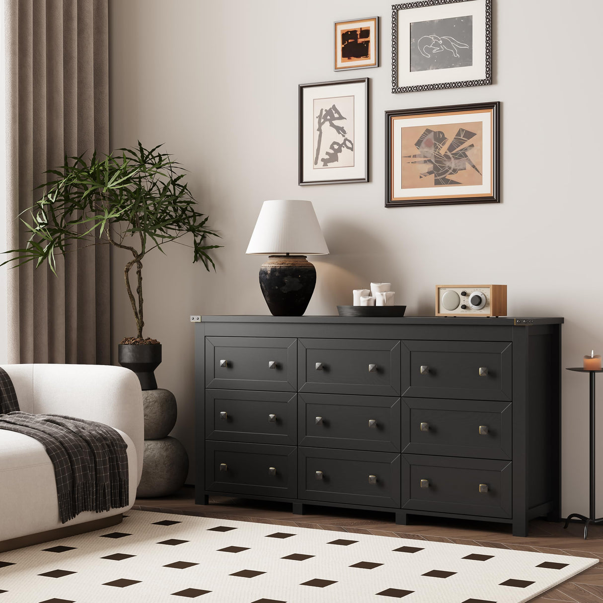 Dresser for Bedroom with 9 Drawers, Farmhouse Wood Chest of Drawers, Wide TV Stand Closet Storage Furniture with Metal Handle, Modern Clothes Organizer for Hallway, Living Room, Entryway, Black Xixini