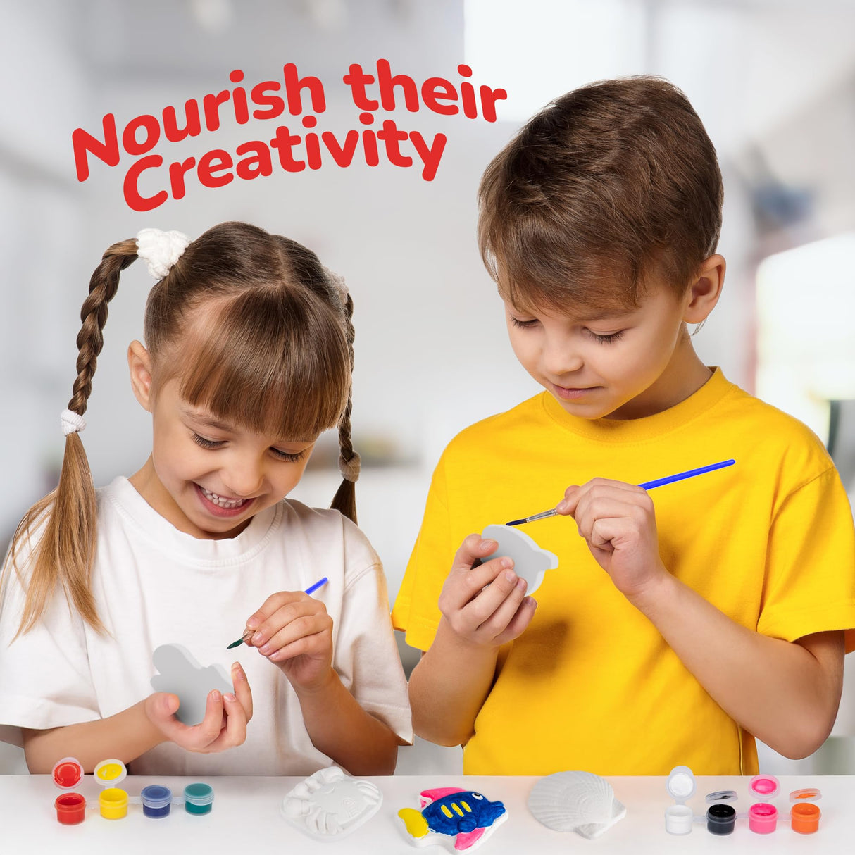 ArtCreativity Ocean Animals Plaster Painting Kit for Kids - 6 Aquatic Plaster Figurines, 2 Paint Sets, 2 Brushes, and 6 Circle Magnets for Display - 8 Different Paint Colors - Kids Painting Set ArtCreativity