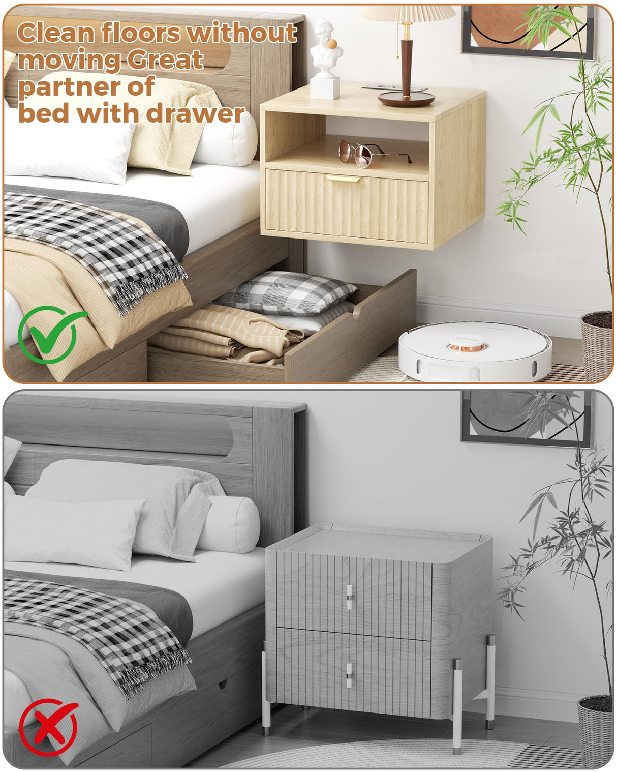 Floating Nightstand Set of 2 - Fluted Night Stand with Charging Station Wood Wall Mounted Nightstand with Drawer & Open Shelf, Modern Bedside Table Large End Table for Bedroom Closet DEMEGA