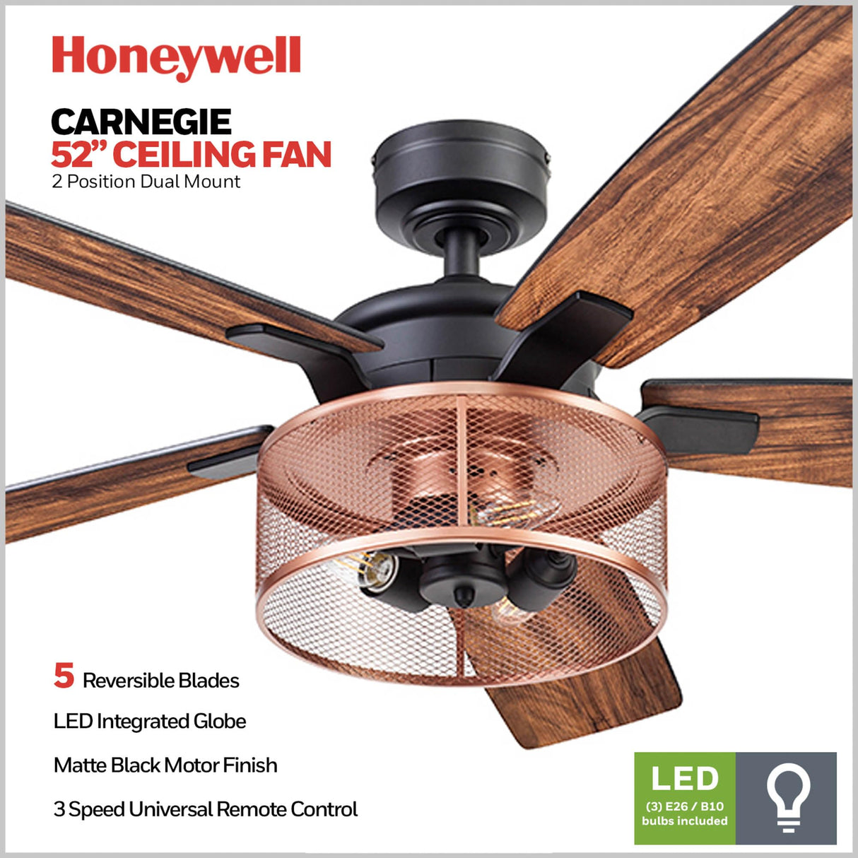 Honeywell Ceiling Fans Carnegie Industrial 52 Inch Ceiling Fan with Light, Remote Control Fan, LED Indoor Fan with 5 Blades, Black Oak and Brown Mopane Blade Finish Options, Copper (51459-01) Honeywell