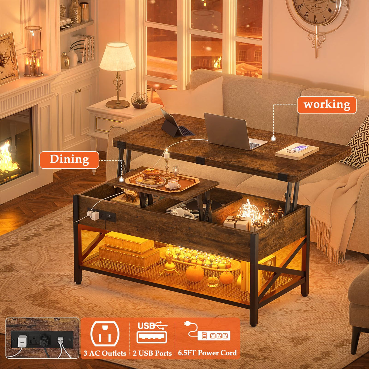 Aheaplus Coffee Table Lift Top with LED Light and Power Outlet, Multi-Function Coffee Table Converts to Dining Table, Center Table with Shelves for Living Room Reception Home Office, Rustic Brown Aheaplus