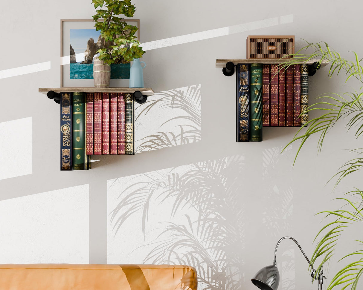 QsQueen Floating Bookshelves, Bookshelf with Industrial Pipe Brackets, Book Display Shelf for Wall, Unique Space-Saving Book Shelf Wall Book Holder, Wood Hanging Bookshelf, Great for Room Decor QsQueen