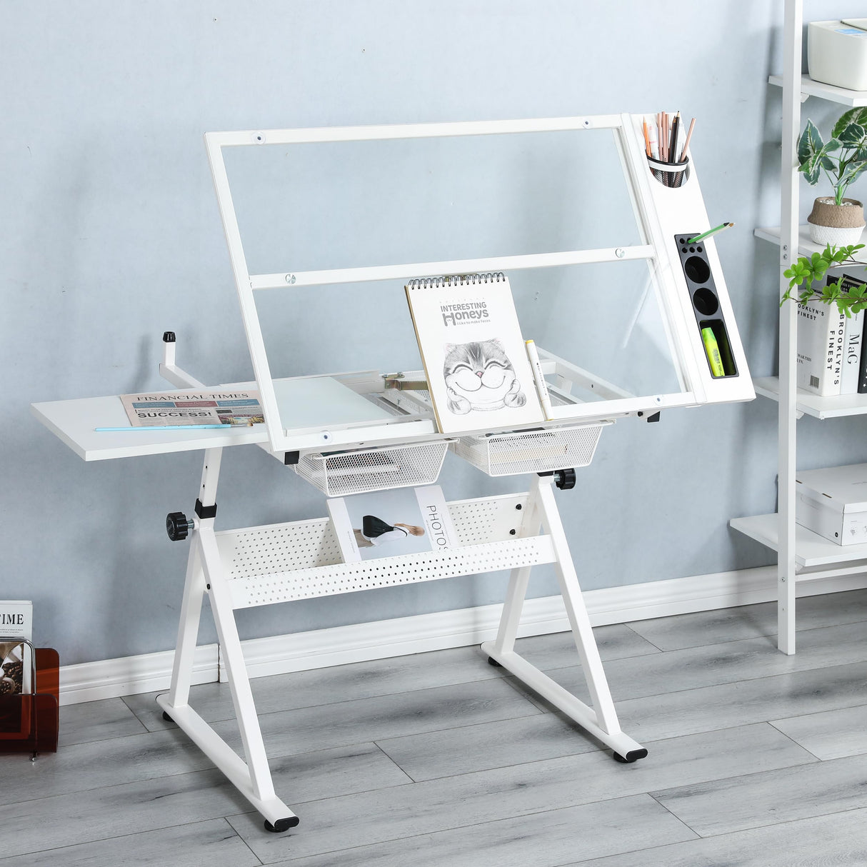 LiviNest Height Adjustable Drafting Table - Modern Tempered Glasses Artist Drawing Table Tilted Tabletop with Chair - Glass Topped Art Desk Work Station with Stool for Home Office White LiviNest