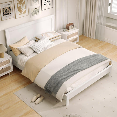 KOMFOTT Queen Size Wood Platform Bed Frame with Headboard, Wooden Mid Century Platform Bed with Slat Support & Under Bed Storage, Mattress Foundation Bed Base, No Box Spring Needed, White