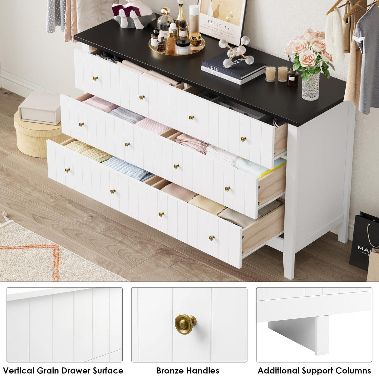 FOTOSOK White Dresser, Chest of Drawers, Modern 6 Drawer Double Dresser with Deep Drawers, Nursery Dresser for Baby, Wide Storage Organizer Cabinet for Living Room, Hallway,White&Black FOTOSOK
