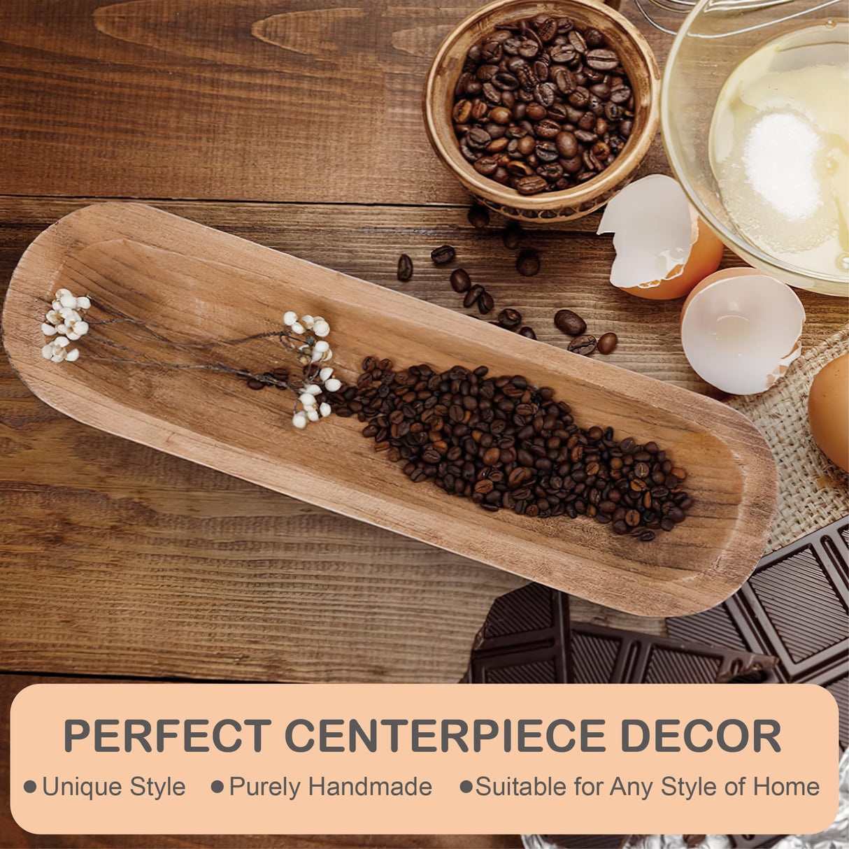 MOLADRI Wooden Dough Bowls Decorative,Unique Centerpiece Bowl, Rustic Long Wood Bowl with Hand Carved for Table Centerpiece Decor, Farmhouse Boho Rustic Style Home Decor (17 x 5 x 2 Inch Brown) MOLADRI