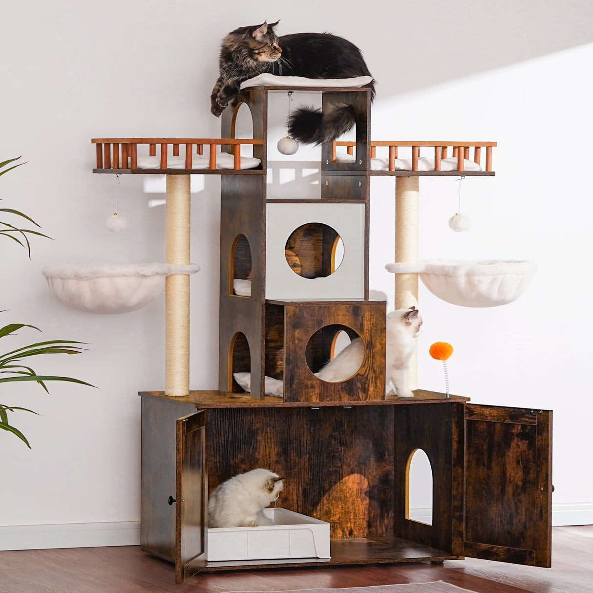 Heybly Cat Tree with Litter Box Enclosure for Indoor Big Cat, Cat Tower for Large Cats 20 lbs Heavy Duty, Modern Cat Condo Furniture with Scratching Posts, Rustic Brown HCT110SR Heybly
