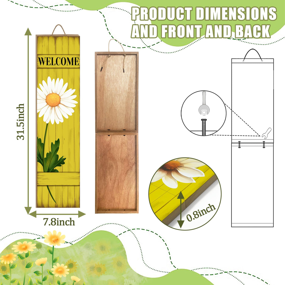 Spring Welcome Wooden Sign, Rustic Daisy Porch Sign for Front Door Decorations, Hello Spring Decor Home Hanging Signs Wall Sign 31.5"H PEROUU