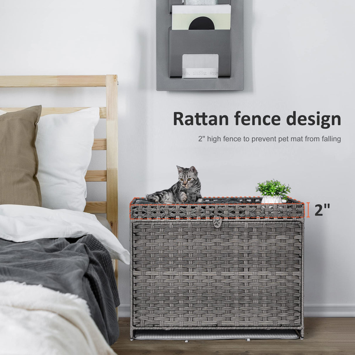 Cat Litter Box Enclosure with Soft Litter Mat; Hidden Washroom Furniture with Door; Handwoven Rattan Cat House with Large Space; Pet Crate for Living Room, Bedroom, Balcony (Grey) Honiakaka
