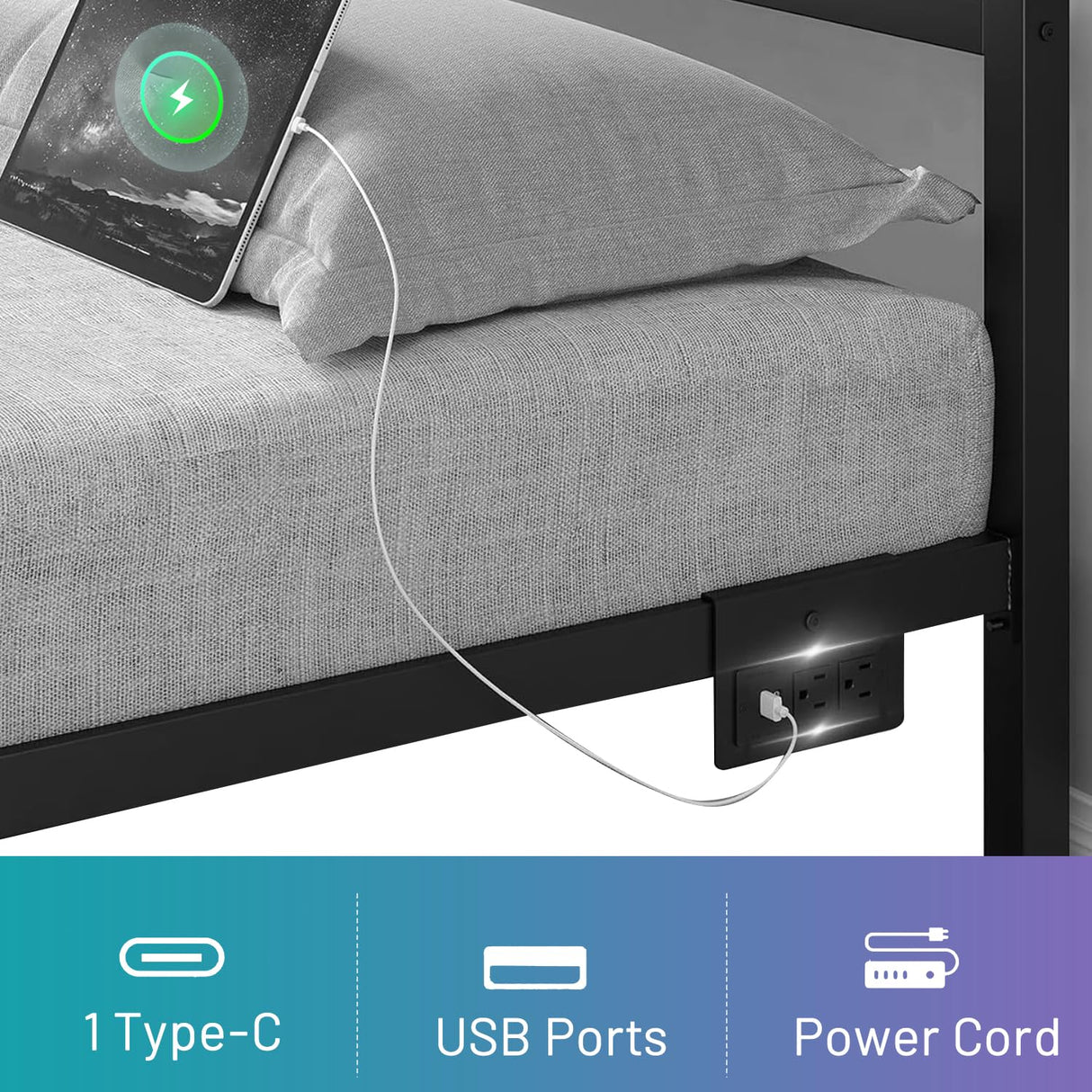 CLIBFENG Queen Bed Frame with Headboard,Heavy Duty Steel Slats Support-LED Bed Frame with USB Charging Station,Metal Platform Bed Frame-Under Bed Storage, No Box Spring Needed, Noise Free,Black CLIBFENG