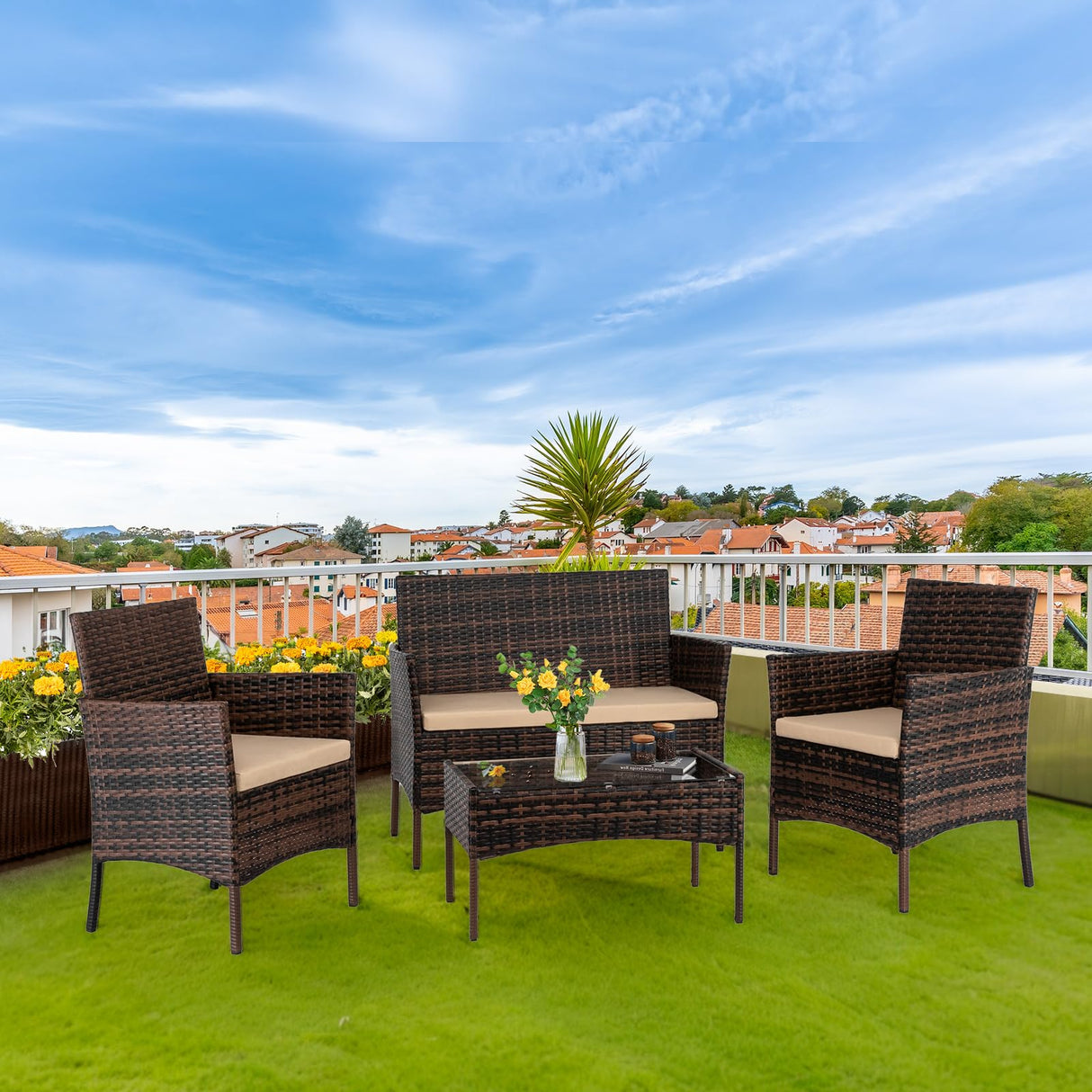 VINGLI 4 Pieces Outdoor Patio Furniture Set Wicker Patio Conversation Set with Coffee Table, Rattan Chair Patio Wicker Sofa Set for Yard,Pool or Backyard (Brown) VINGLI