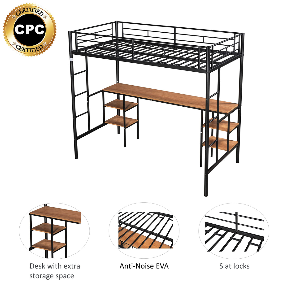 LINKHOO Twin Size Loft Bed with Table & Shelves, Heavy-Duty Metal Bed Frame with 2 Side Ladders, Safety Guardrail for Guest Room, Bedroom, No Box Spring Needed, Black LINKHOO