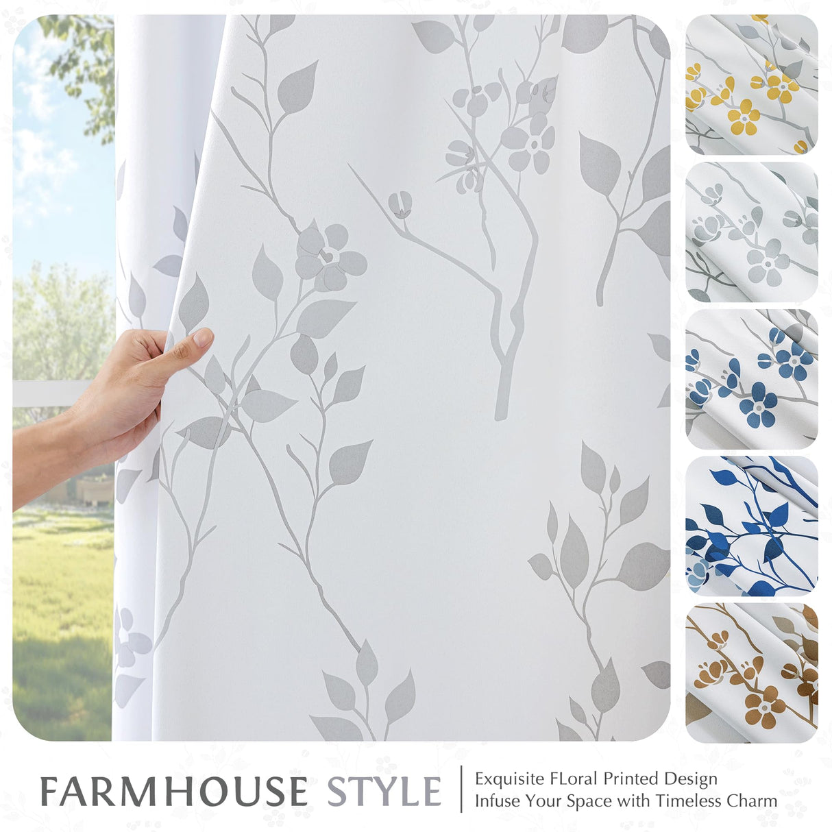 Beauoop Floral 100% Blackout Curtains 84 Inches Long 2 Panels for Bedroom Living Room Grey White Flower Patterned Room Darkening Thermal Insulated Soundproof Grommet Window Treatments Drapes, 52X84 Beauoop