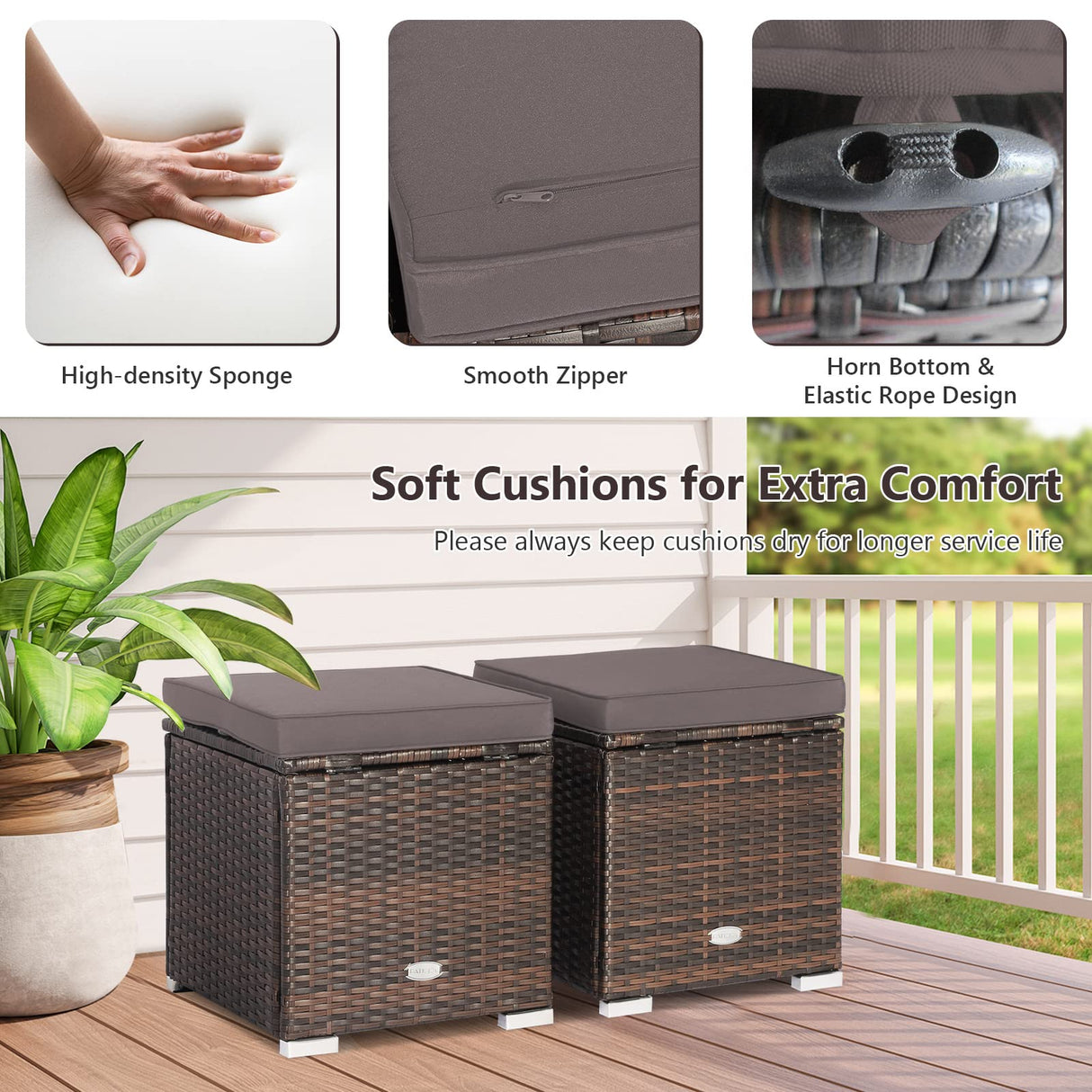 Tangkula 2 Pieces Patio Ottomans, Patiojoy Hand-Woven PE Rattan Side Table with Removable Cushion & Hidden Storage Space, Multifunctional Storage Box, Seats for Patio, Backyard, Poolside (Grey) Tangkula