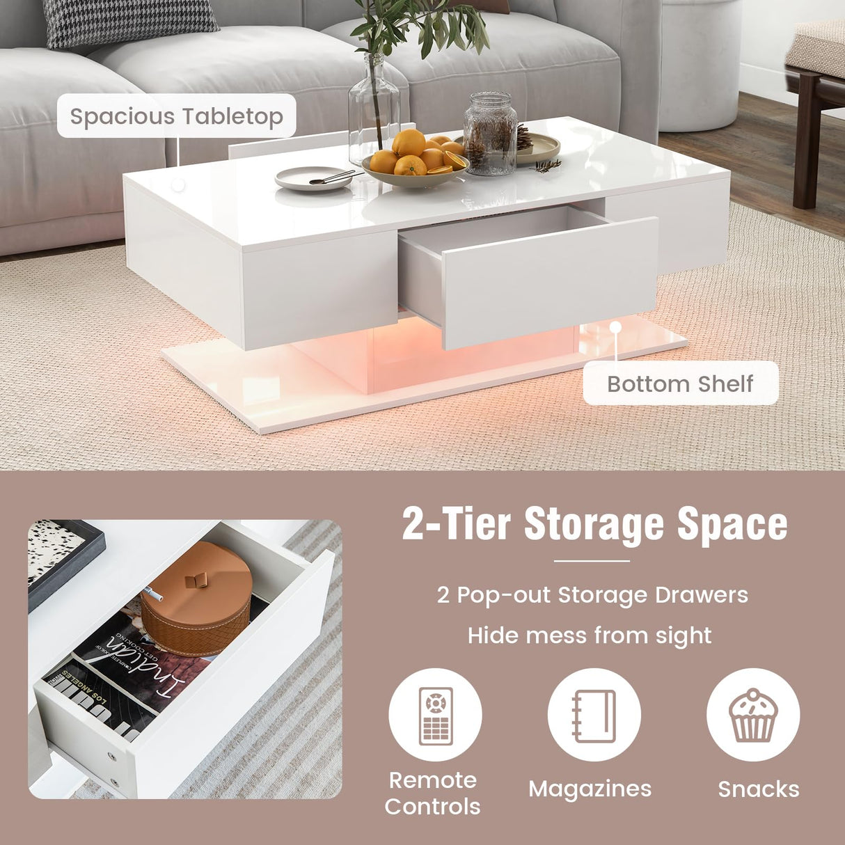 Giantex Modern LED Coffee Table - 2-Tier Center Table w/ 2 Storage Drawers, Adjustable Brightness & Speed, 20-Color Light, 43.5''L Rectangular High-Gloss Finished Table for Living Room (White) Giantex