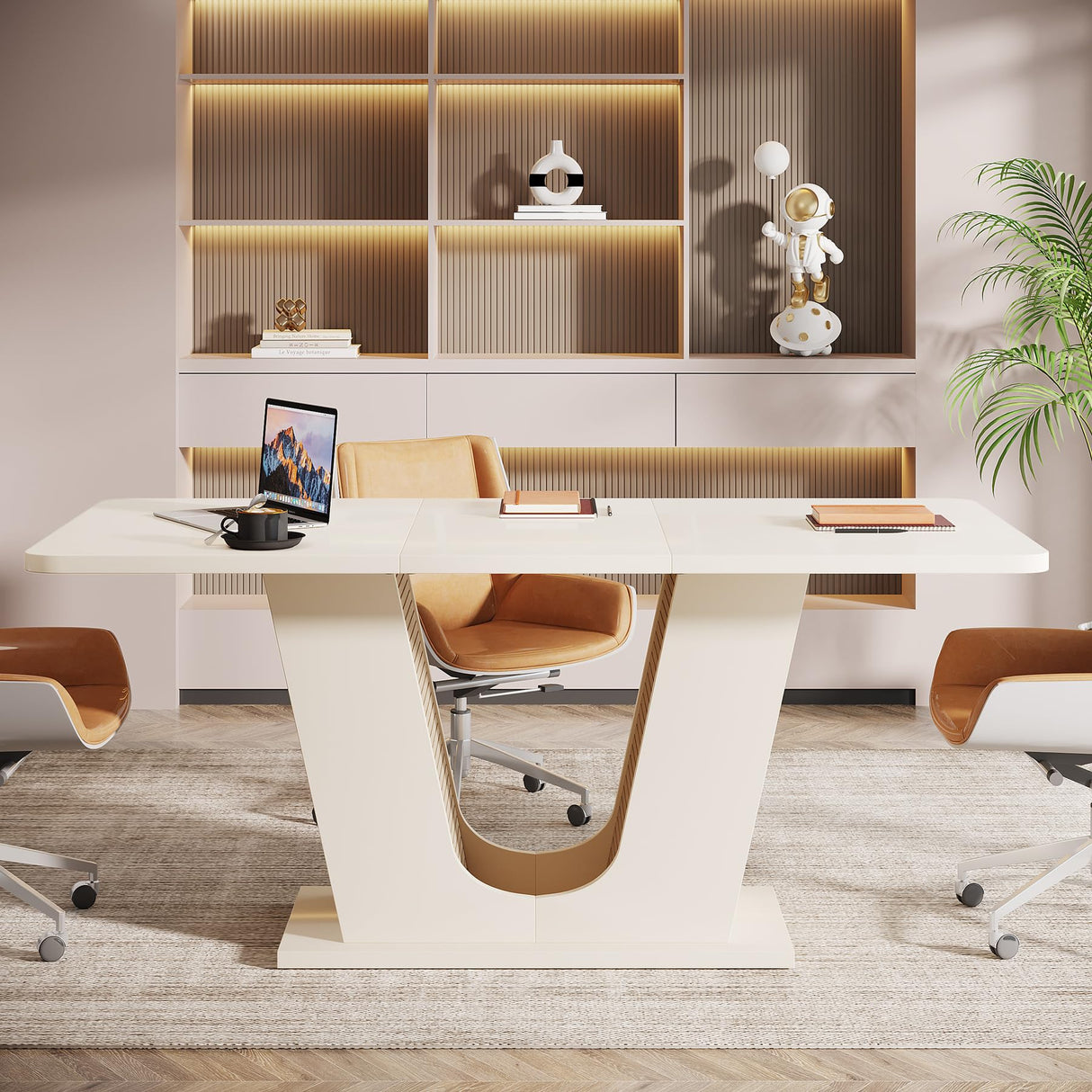 Tribesigns 55-Inch Conference Table, Rectangular Small Meeting Table for 4-6 People, Wood Modern Seminar Table with U-Shaped Base for Office Conference Room, Cream White Tribesigns