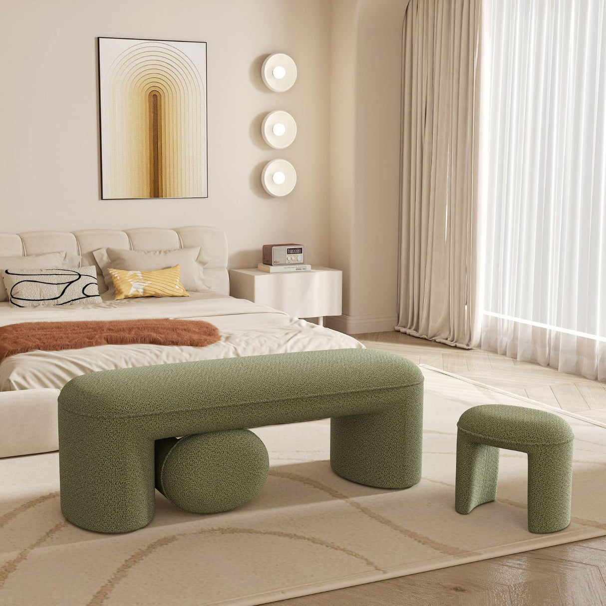 ChicAura 3-Piece Nesting Ottoman Bench Set,53" Long Upholstered End of Bed Bench with 2 15" Foot Stools Chenille Modern Arched Bench Comfy Entry Bench Vanity Stools for Living Room Bedroom, Green ChicAura