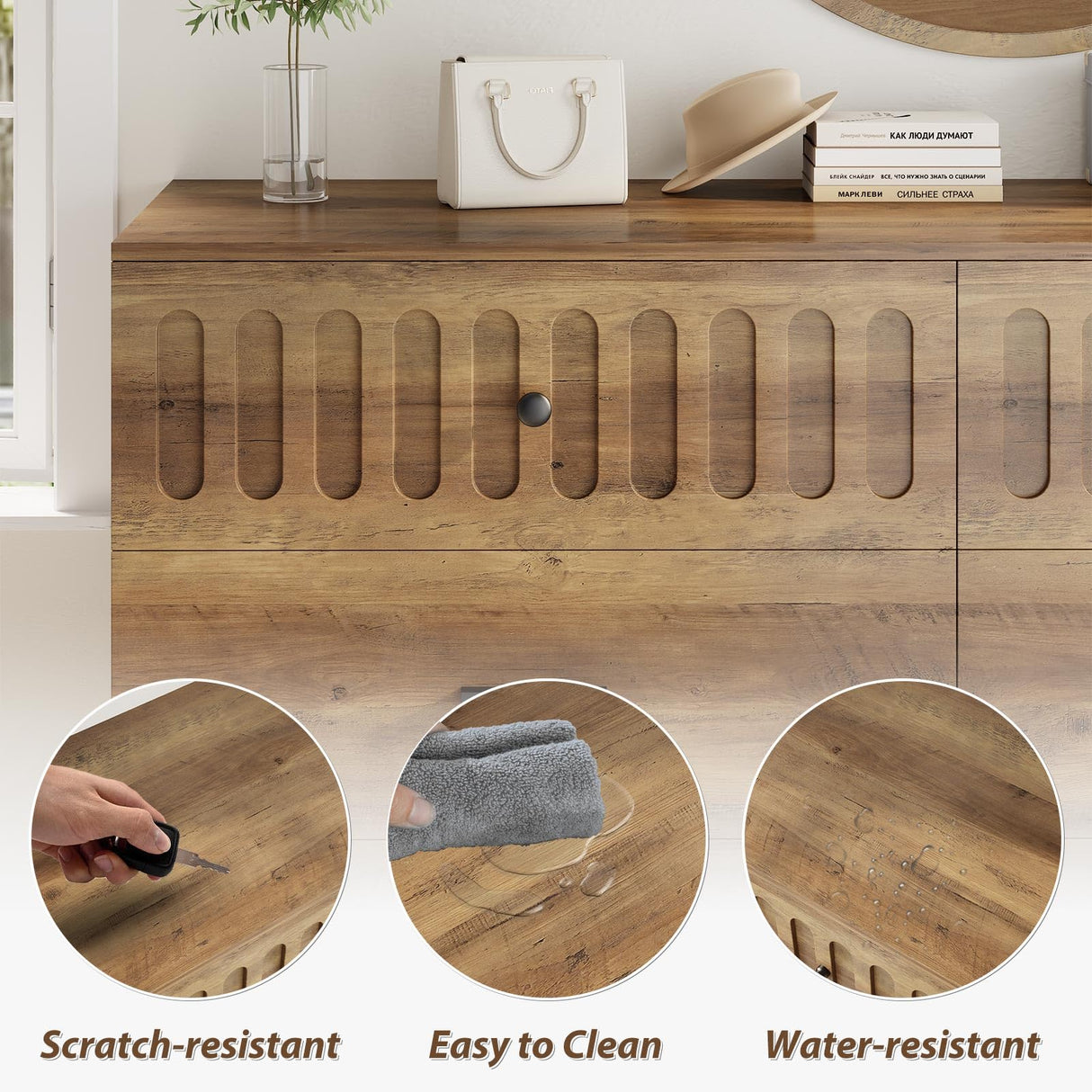 IBF Farmhouse Dresser for Bedroom Modern 6 Drawer Dresser Fluted Chest of Drawers Large Wood Closet Dressers with Anti-Tipping Design for Bedroom, Living Room, Hallway, Entryway, Nursery, Rustic Oak IBF