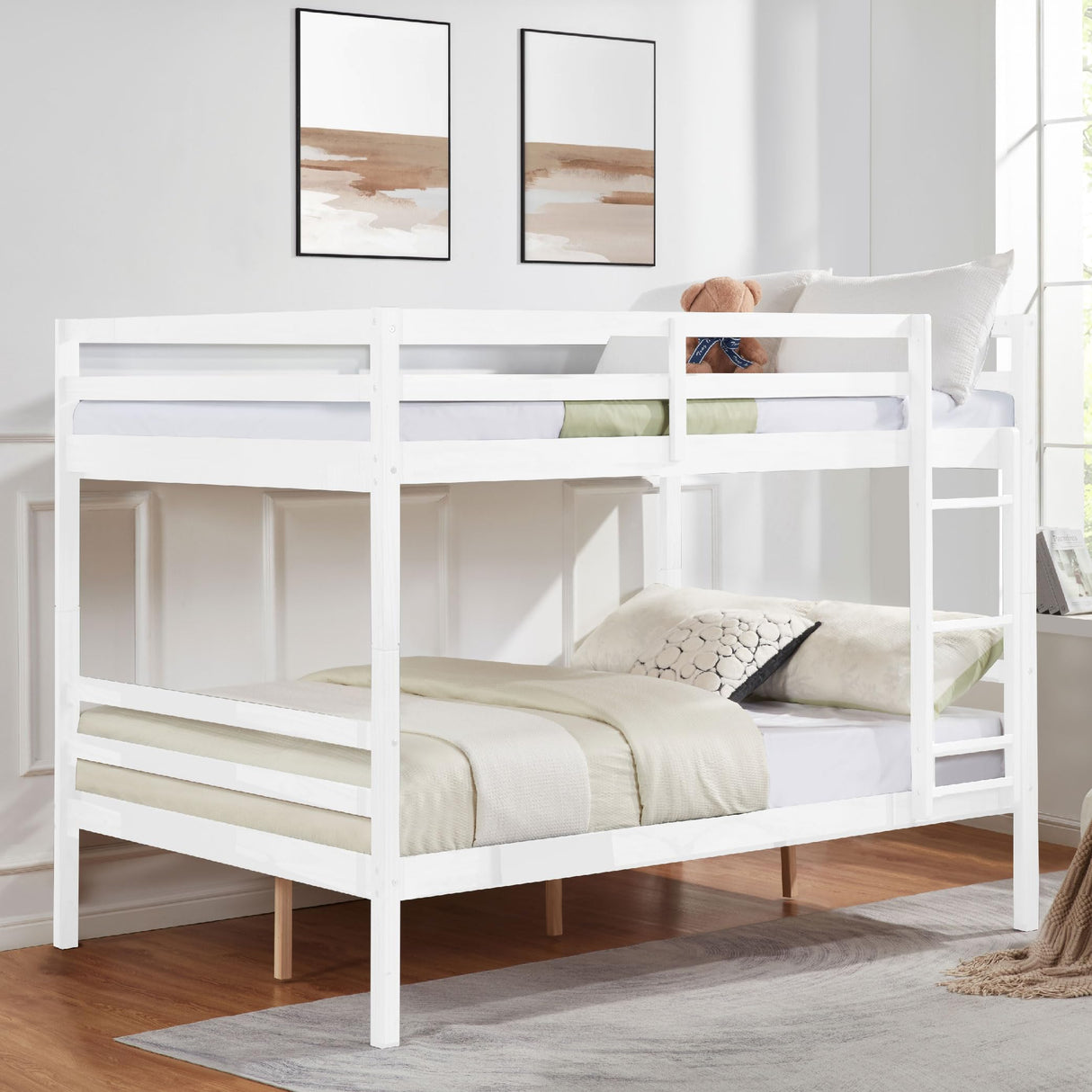 FLEXISPOT Full Over Full Solid Wood Bunk Bed with Ladder,Wooden Bunk Bed with High Guardrail and Ladder for Kids, Teens, Dorm Rooms, and Guest Rooms,No Box Spring Needed,White FLEXISPOT