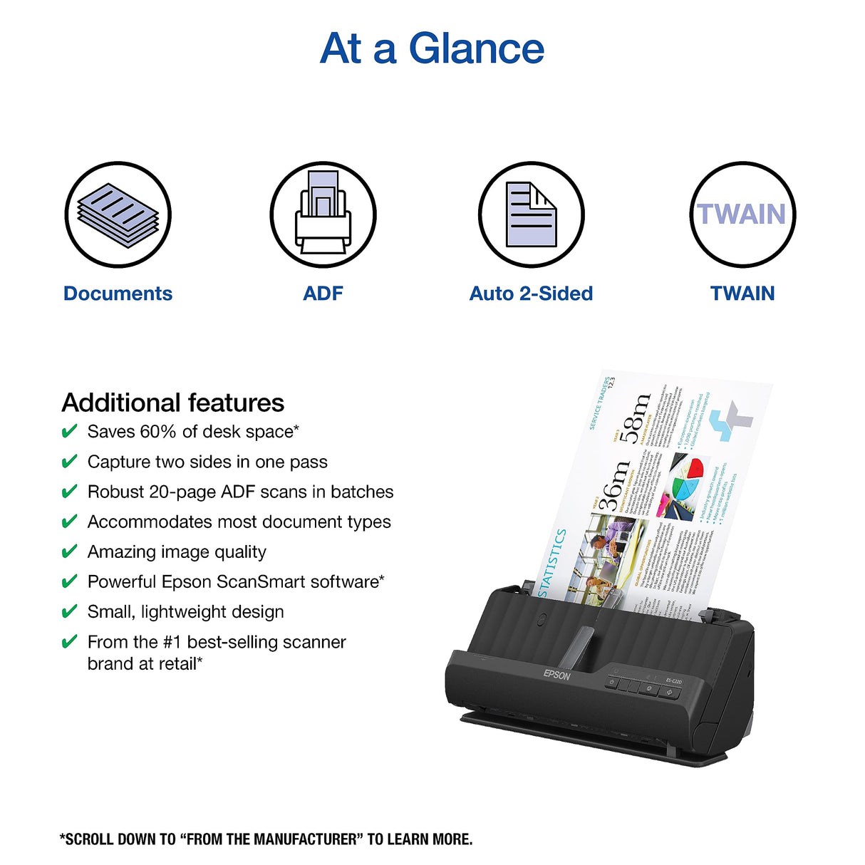 Epson Workforce ES-C220 Compact Desktop Document Scanner with 2-Sided Scanning and Auto Document Feeder (ADF) for PC and Mac Epson