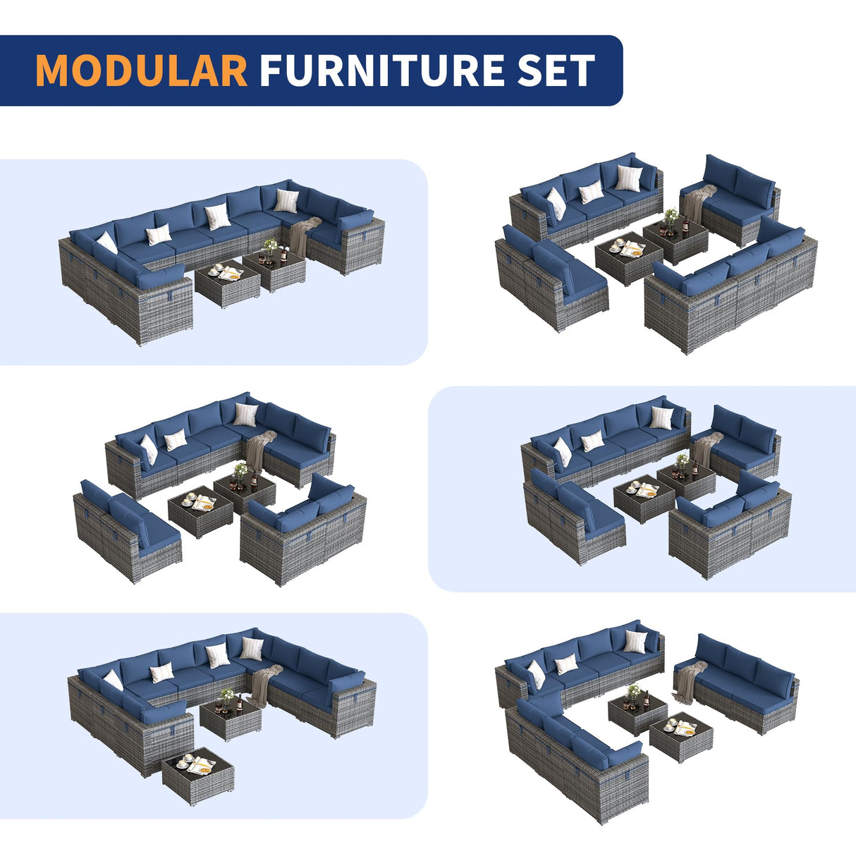 VONZOY Patio Furniture Set, 12-Piece Outdoor Sectional with Free Cover, All-Weather Wicker Patio Conversation Sets for Backyard (Grey with Navy Cushion) VONZOY