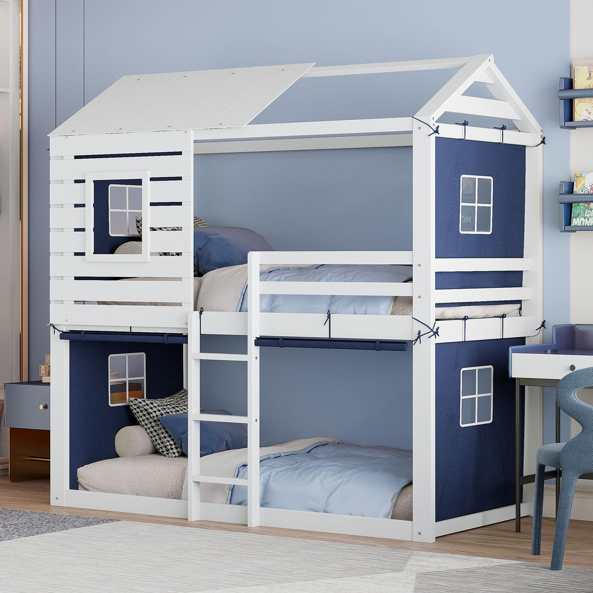 Harper & Bright Designs Twin Over Twin Bunk Bed, Wood Twin Size Bunk House Bed with Tent and Windows, Blue+White Harper & Bright Designs