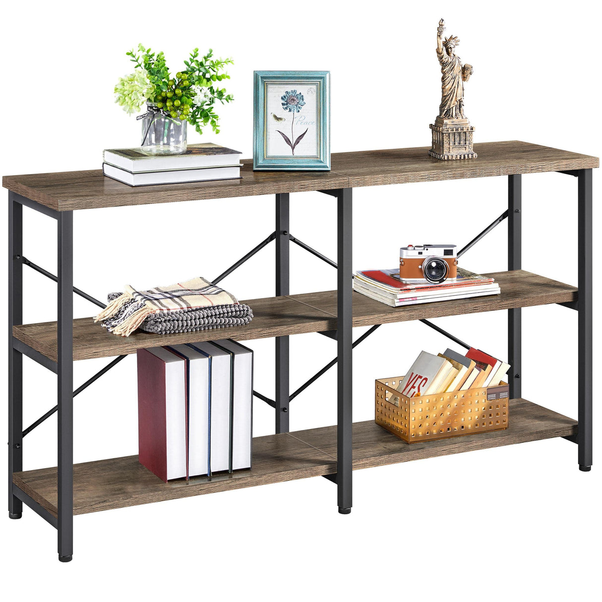 Yaheetech 55 Inch Console Table, 3 Tier Hallway Table with Storage Shelves, Industrial Sofa Table Narrow Long with Metal Frame, for Living Room, Couch, Entryway, Taupe Wood Yaheetech