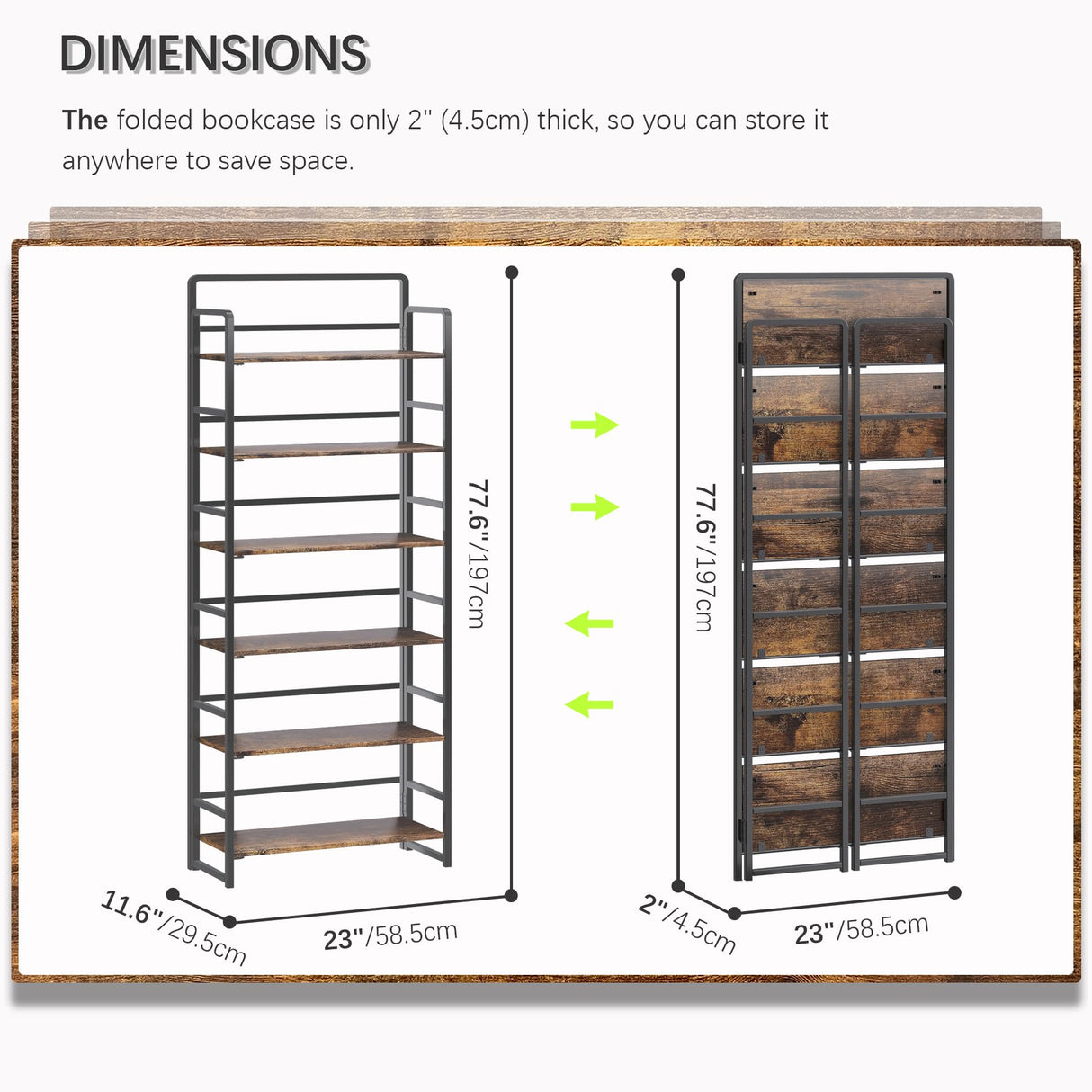 4NM No-Assembly 6 Tiers Folding Bookshelf Storage Shelves Vintage Bookcase Standing Racks Study Organizer Home Office (Rustic Brown and Black) 4NM