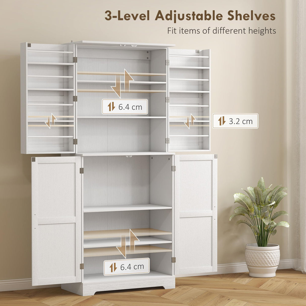 HOMCOM 72" Farmhouse Kitchen Pantry Cabinet, Freestanding Tall Storage Cabinet with 4 Barn Doors, 4 Adjustable Shelves and 8 Door Shelves, Embossed White Wood Grain HOMCOM