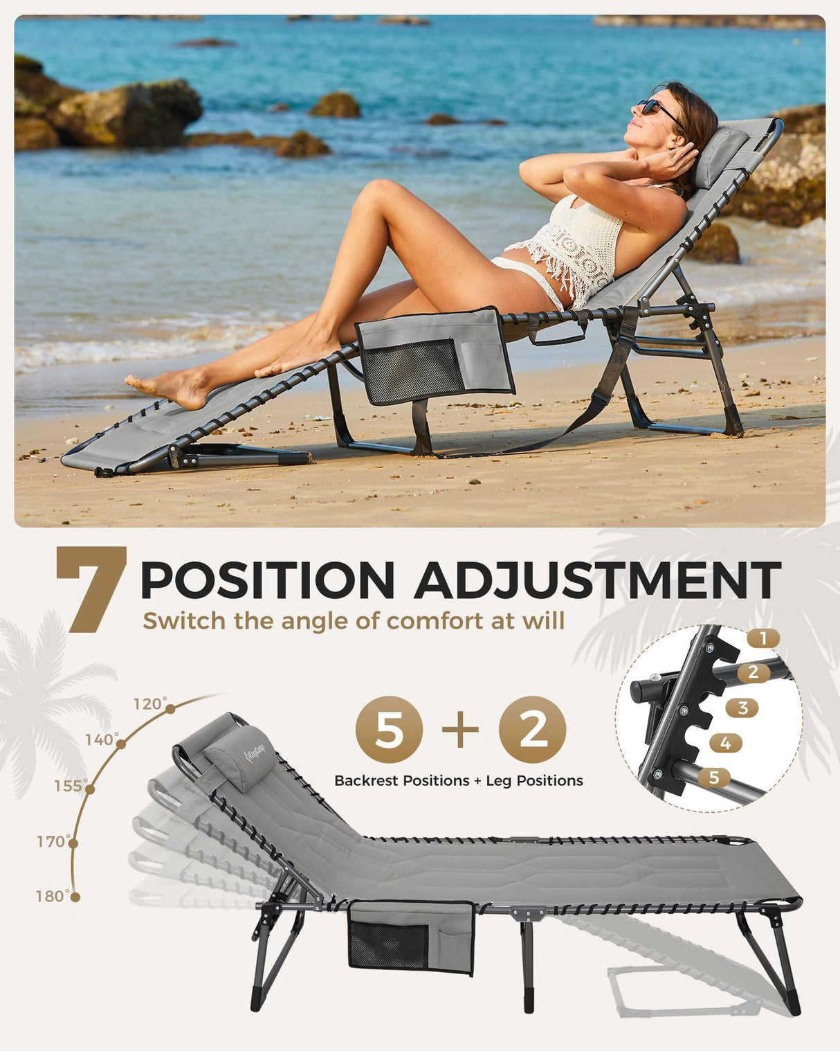 KingCamp Oversized Tanning Chair, Extra-Wide Padded Folding Chase Lounge Chairs Portable Adjustable 5-Position 400lbs Heavy Duty Lounger with Double-Layer Oxford for Outdoor Beach Patio Sun Pool KingCamp