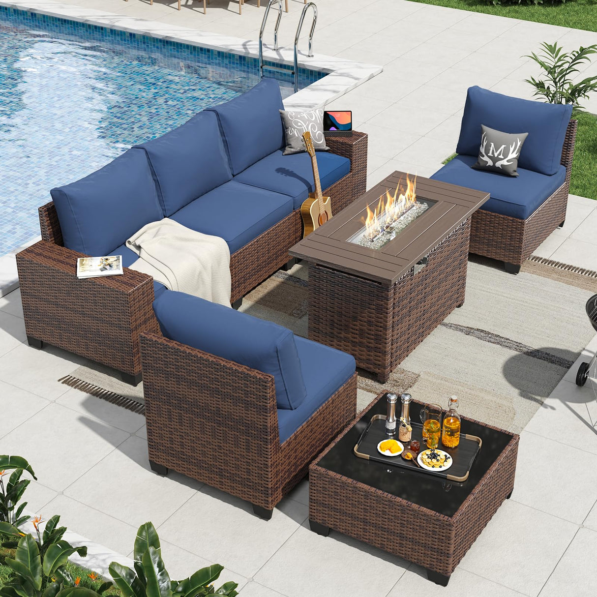 Aoxun 7 Pieces Patio Furniture Set with 44” Fire Pit Table Wicker Rattan Outdoor Sectional Conversation Set with Coffee Table and 4” Thickened Cushions, Blue(Waterproof Cover Included) Aoxun