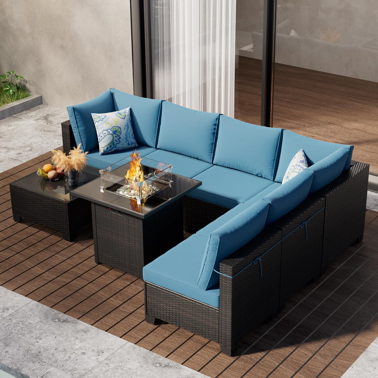 Ophelian 8 Piece Patio Furniture Set with Fire Pit Table, Wicker Outdoor Sectional Sofa Set with Thick Anti-Slip Chusions, Patio Conversation Sets for Backyard, Garden, Deck (Brown/Peacock Blue) Ophelian