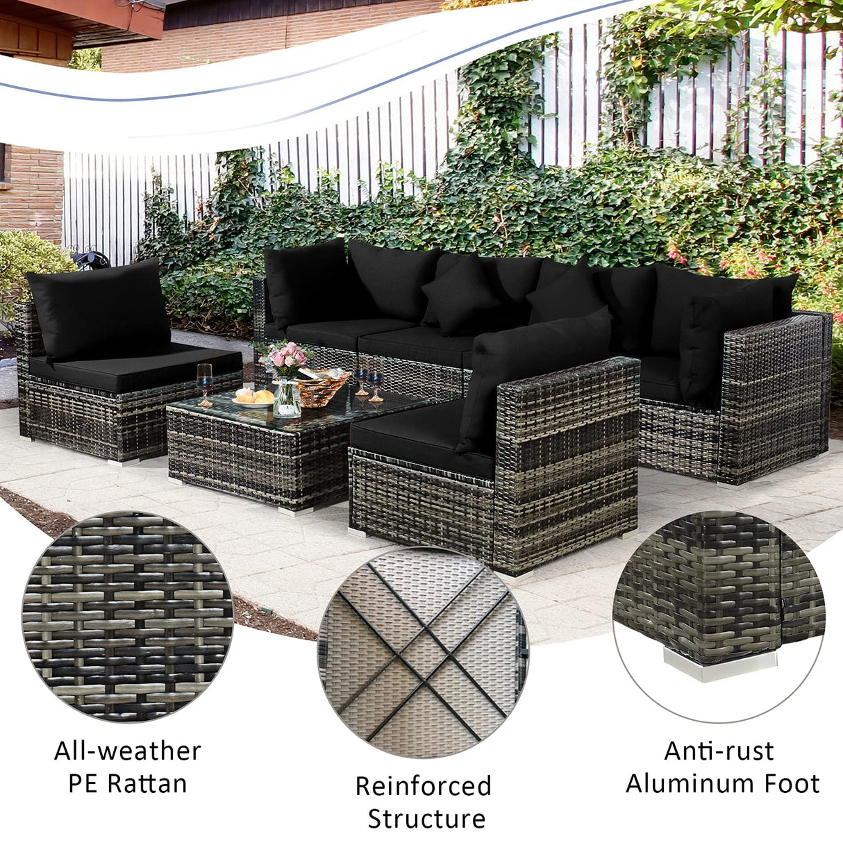 Tangkula 7 Pieces Patio Rattan Furniture Set, Patiojoy Outdoor Conversation Set with Cushions and Tempered Glass Coffee Table, All-Weather Sectional Sofa Set for Garden, Lawn, Backyard (Black) Tangkula