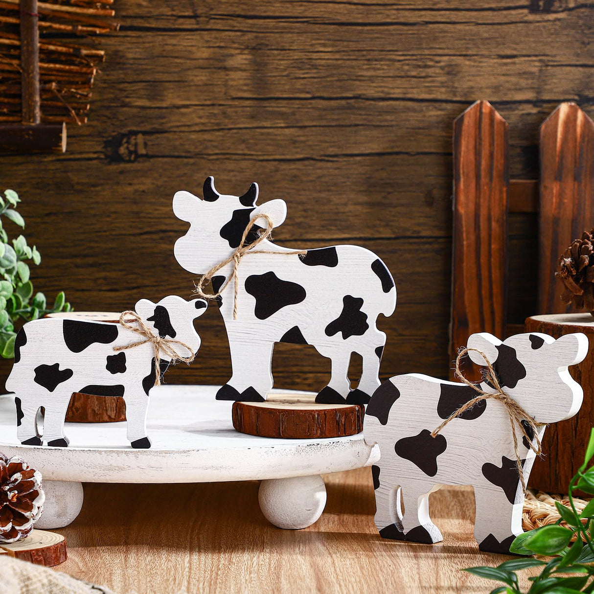 Redbaker 3 Pcs Cow Wooden Table Decor Christmas Tiered Tray Decor Farmhouse Tabletop Block Sign Rustic Wood Centerpieces Decorations for Xmas Home Office Table Shelf Decor Redbaker