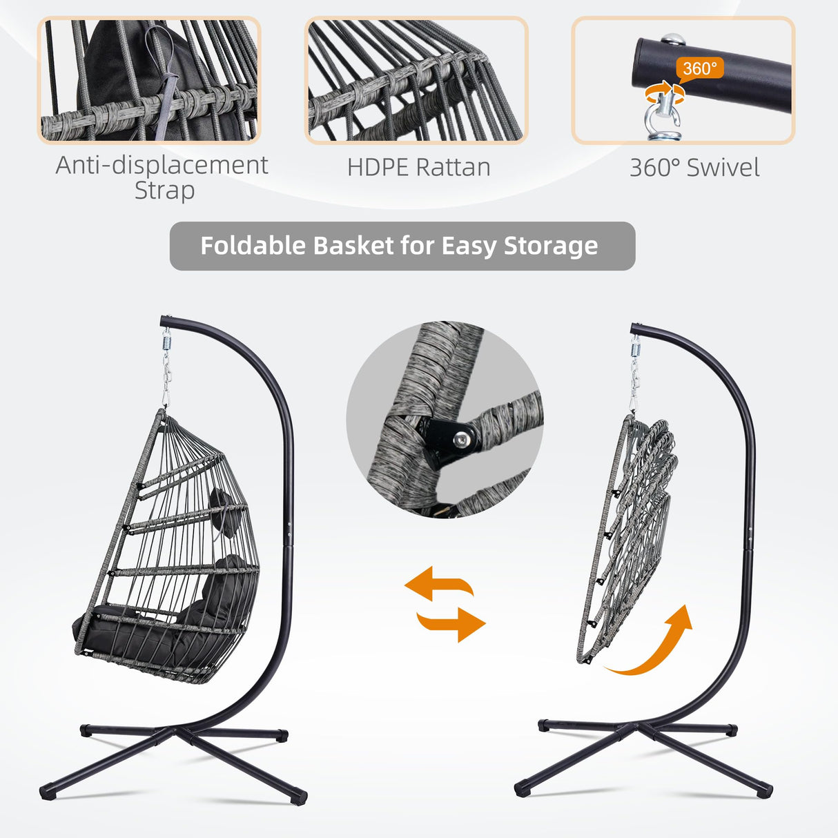 Foldable Hanging Egg Chair with Stand, HDPE Rattan and Heavy Duty Aluminum-Steel Frame, Outdoor Patio Wicker Swing Egg Chair with Headrest and Cushioned, 350 Lbs Capacity (Dark Grey) DAIJIA CHINA