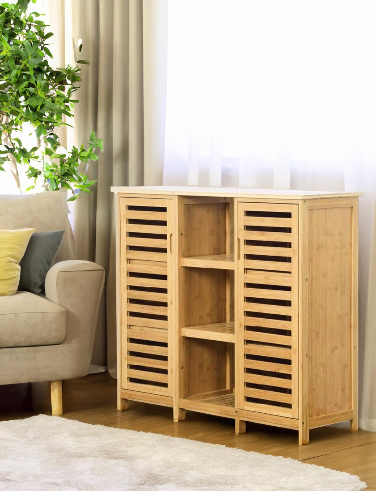 RoyalHouse Bamboo Storage Cabinet with 2 Doors and Shelves, 3-Tier Open Shelves, Free Standing Storage Organizer, Cabinet for Bathroom, Living Room, Kitchen RoyalHouse