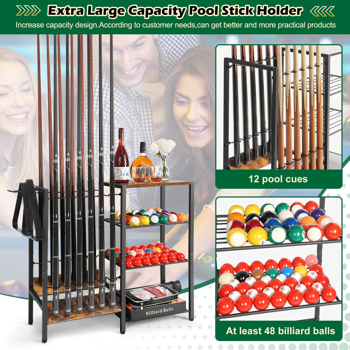 Pool Stick Holder Floor Stand up to 12 Cue Sticks, Pool Cue Holder with Balls Storage, Pool Table Accessories Stand Large Pool Cue Rack Equipment Organizer Cue Stick Holder for Billiard Game Room Olakee