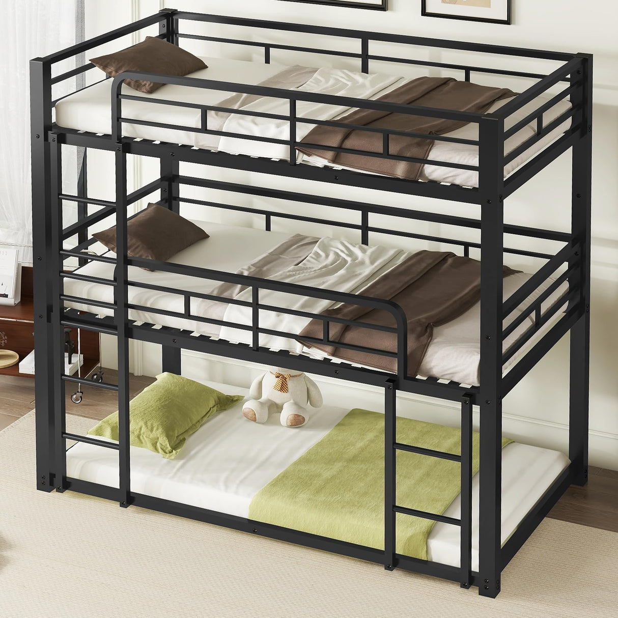 Heavy Duty Triple Bunk Bed Twin Over Twin Over Twin, Metal 3 Bunk Bed with 2 Ladder and Guardrail, Twin Size Triple Bunk Bed for Kids, Teens, Black Bellemave